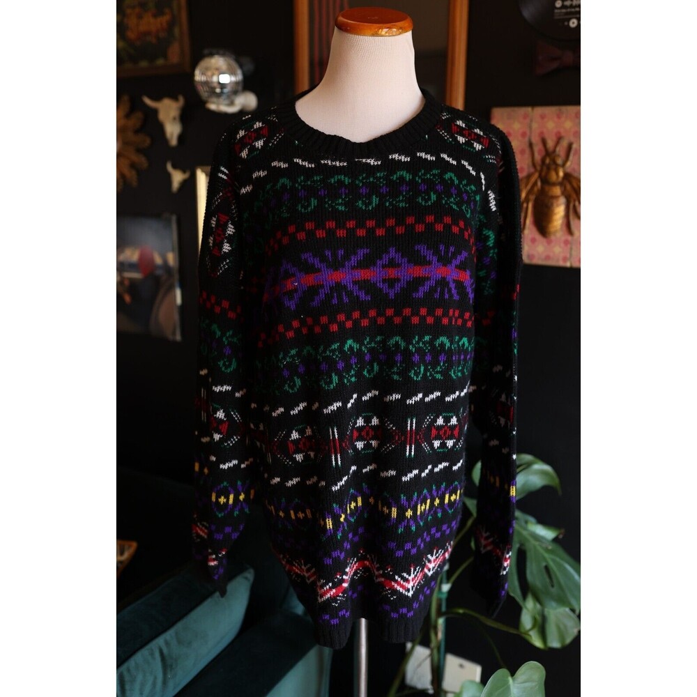 Vintage Yarn Works Colorful Grandpa Sweater 90s Geometric Oversized Pull Over